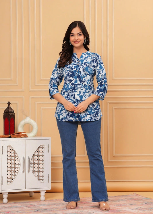 Blue cotton straight tunic top for women with three-quarter sleeves, designed in a sleek and breathable silhouette ideal for casual, work, or semi-formal wear.