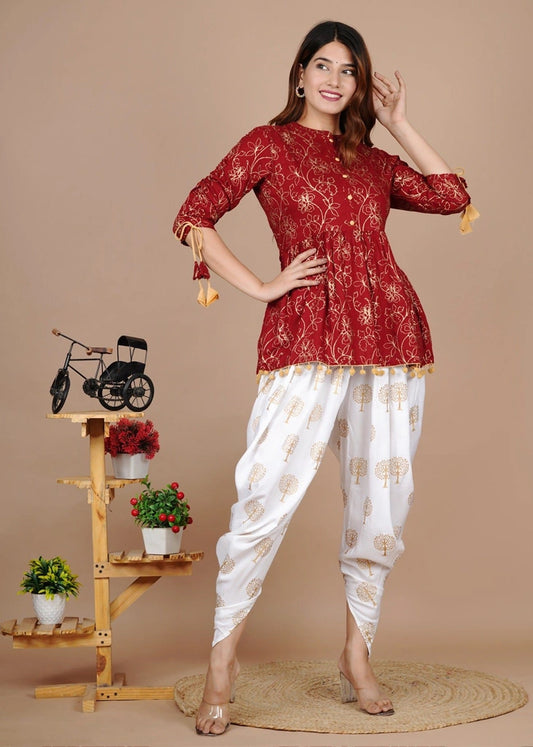 Maroon Cotton Printed Kurta & Dhoti Pant Set