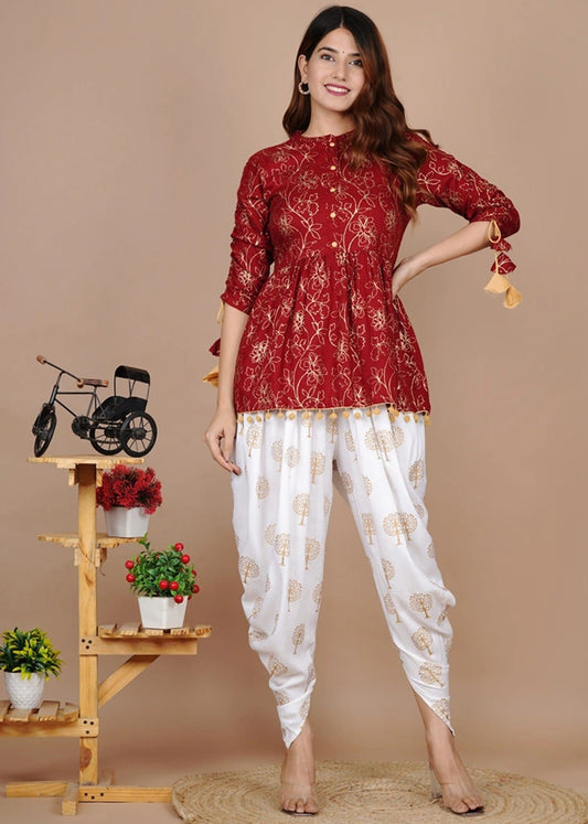 Maroon Cotton Printed Kurta & Dhoti Pant Set