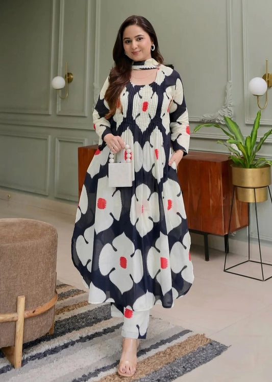 Pure Fine Cotton Floral Kurti Set with Pants & Soft Cotton Dupatta