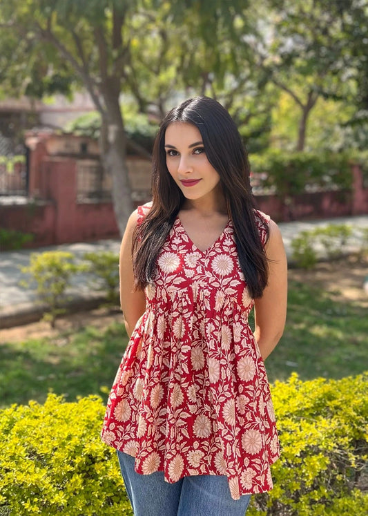 Women's Red Sunflower Full-Sleeve Peplum Top