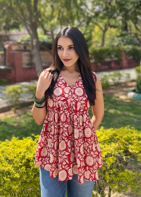 Women's Red Sunflower Full-Sleeve Peplum Top