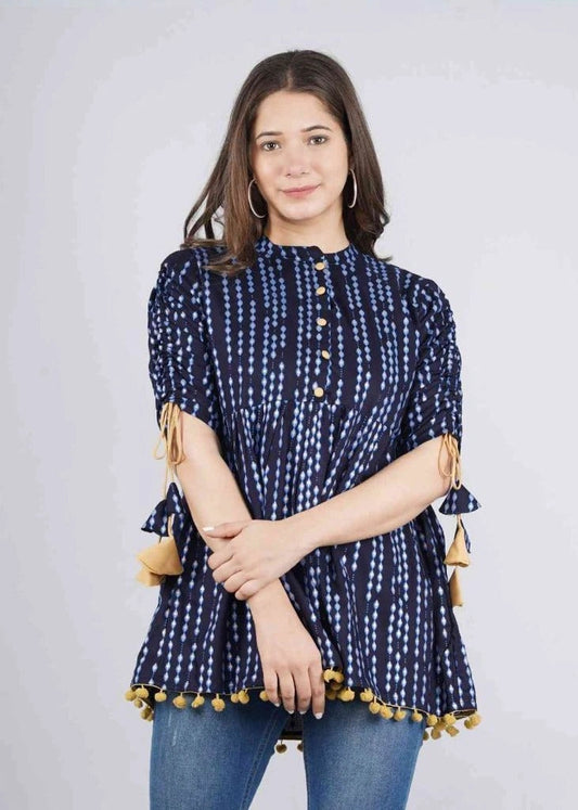 Women’s Cotton Navy Blue Polka Dot Print Casual Regular Wear Tops with Tasseles