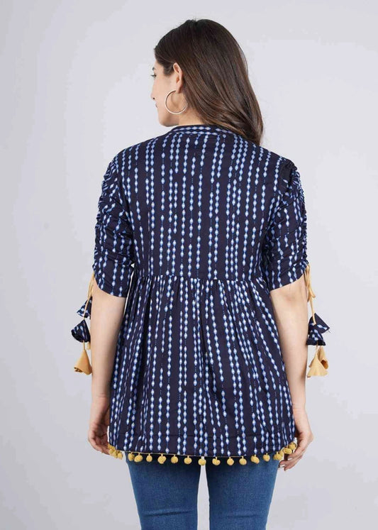 Women’s Cotton Navy Blue Polka Dot Print Casual Regular Wear Tops with Tasseles