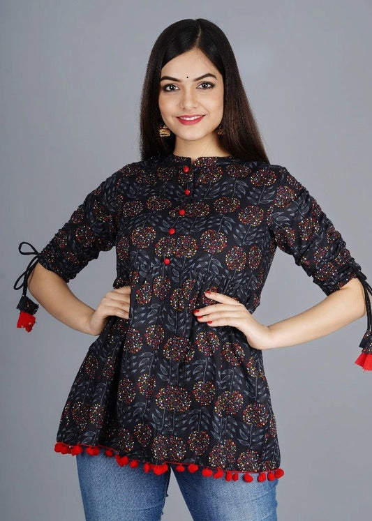 Women’s Cotton Casual Printed Top with Elegant Tassels