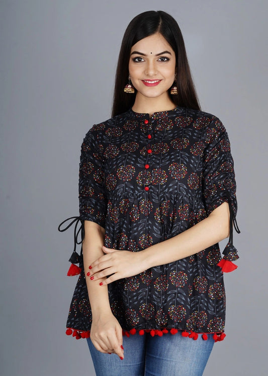 Women’s Cotton Casual Printed Top with Elegant Tassels