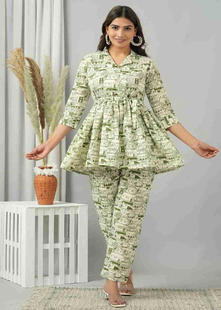 Women’s premium rayon co-ord set featuring a long-sleeve top and matching bottoms, designed in a lightweight, breathable fabric for all-day comfort — perfect for casual outings, brunches, or relaxed gatherings.