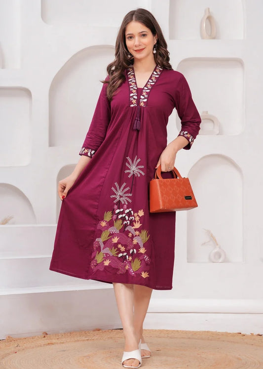 Elegant Maroon Embroidered A-Line Kurta