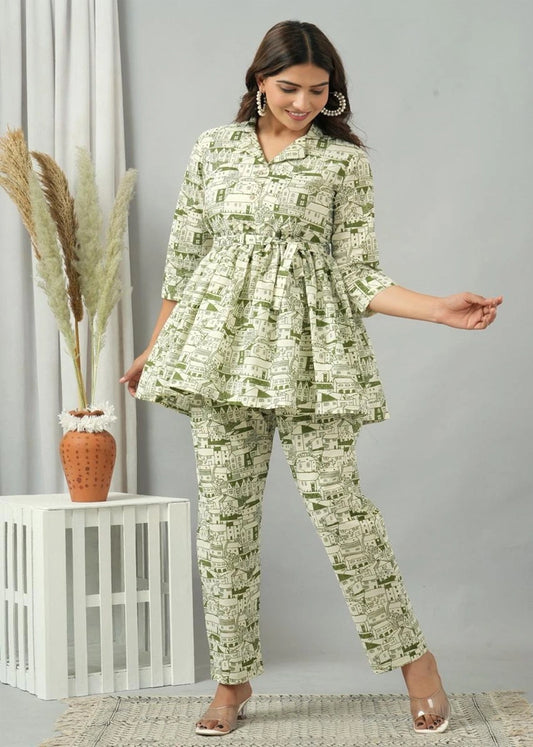 Women’s premium rayon co-ord set featuring a long-sleeve top and matching bottoms, designed in a lightweight, breathable fabric for all-day comfort — perfect for casual outings, brunches, or relaxed gatherings.
