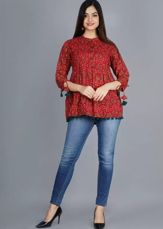 Women's Cotton Printed Casual Top with Tassels