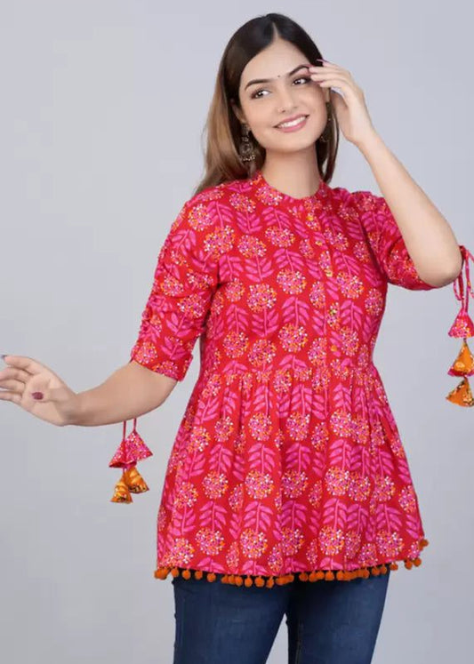 Women's Cotton Printed Casual Top with Tassels