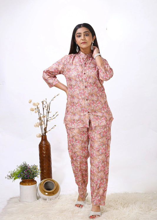 Floral Brown-Pink Rayon Printed Women’s Co-ord Set