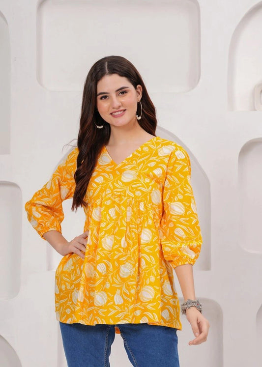 Women's Summer-Ready Yellow Cotton V-Neck Top