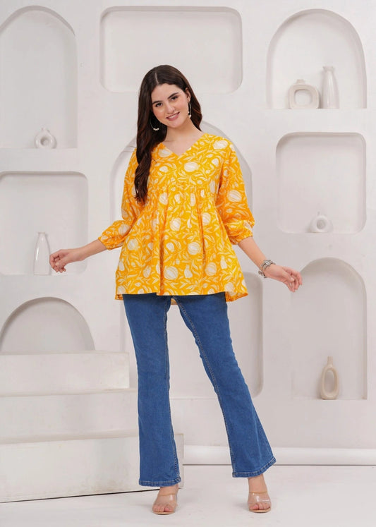 Women's Summer-Ready Yellow Cotton V-Neck Top