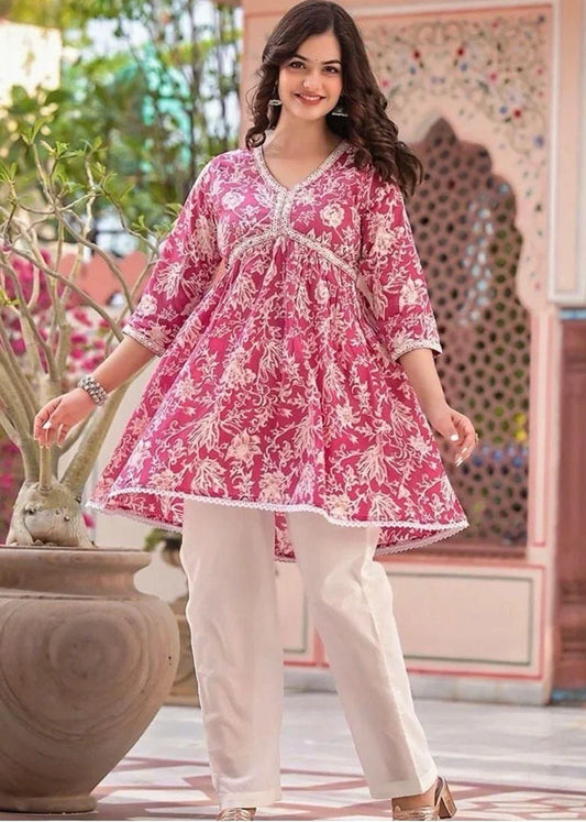 Women’s pure rayon cotton printed kurta and pant set featuring mirror embroidery at the neckline, lace detailing at the daman, 3/4th sleeves, and a plain matching pant — ideal for festive and casual occasions.