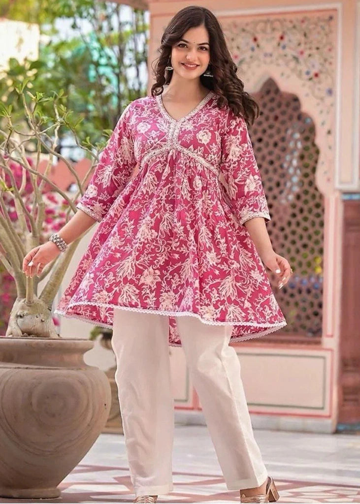 Women’s pure rayon cotton printed kurta and pant set featuring mirror embroidery at the neckline, lace detailing at the daman, 3/4th sleeves, and a plain matching pant — ideal for festive and casual occasions.
