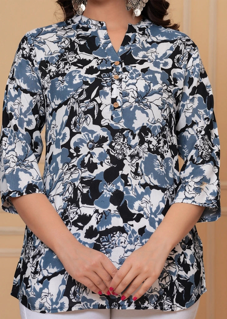 Grey cotton straight tunic top for women with three-quarter sleeves, featuring a breathable and flattering design suitable for casual, work, or semi-formal wear.