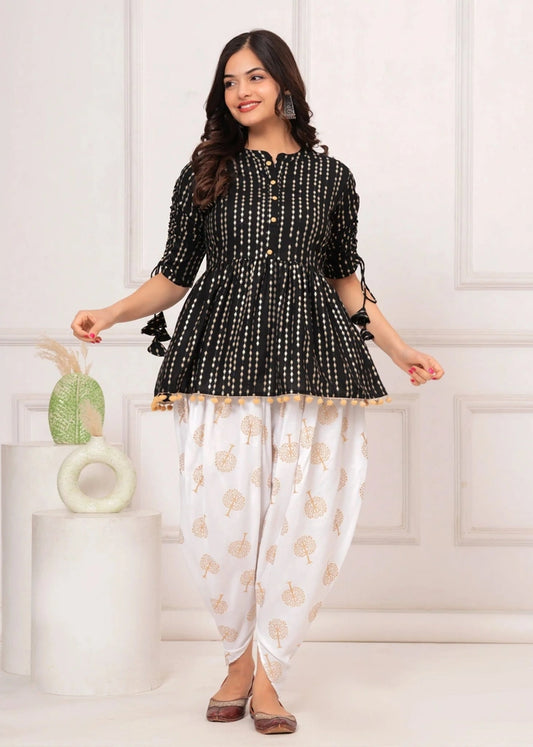 Black Cotton Kurta with Tassels & Printed White Dhoti Pant Set