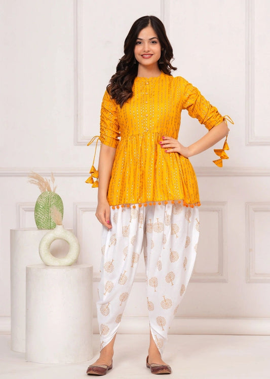 Black Cotton Kurta with Tassels & Printed White Dhoti Pant Set