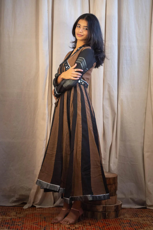 Shaher Mirror Work Dress in Diamond Cut Black and Brown