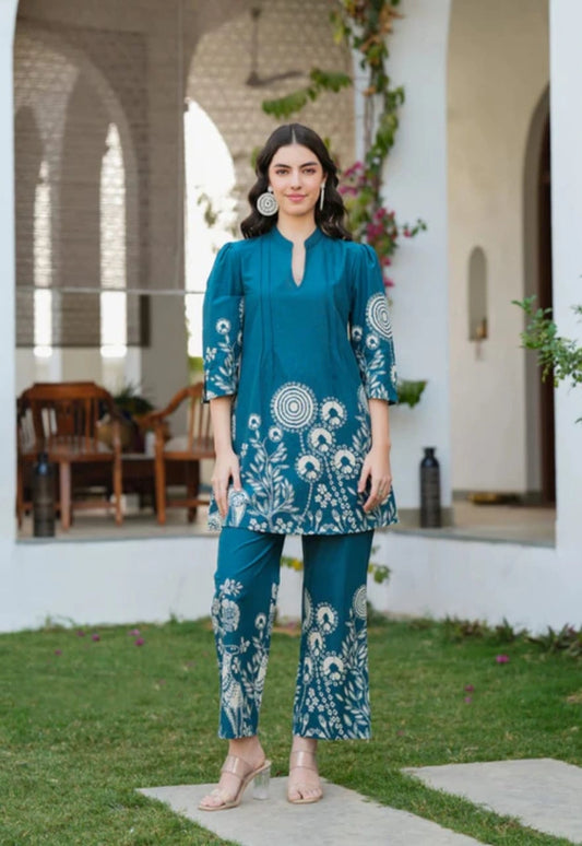 Women’s Teal Blue Printed Cotton Co-ord Set