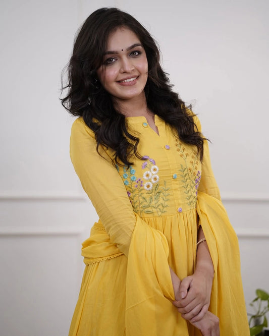 Yellow Cotton Embroidered Kurti Pant Dupatta Set