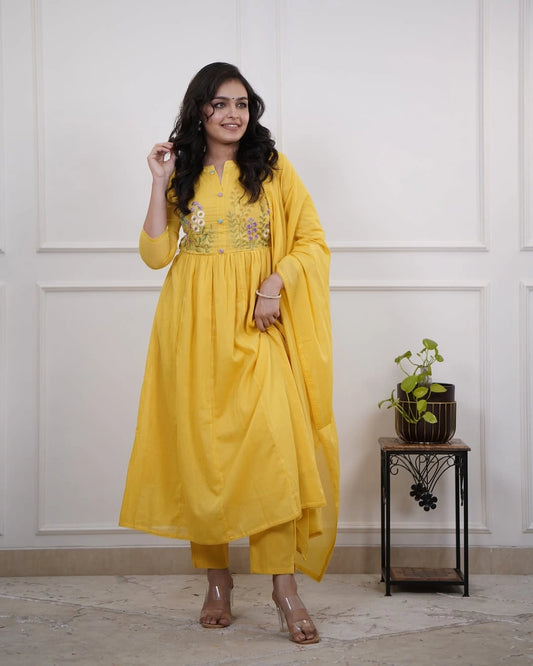 Yellow Cotton Embroidered Kurti Pant Dupatta Set