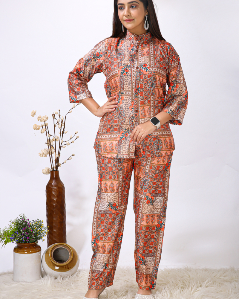 Rayon Western Orange Block Printed Women Cord Set