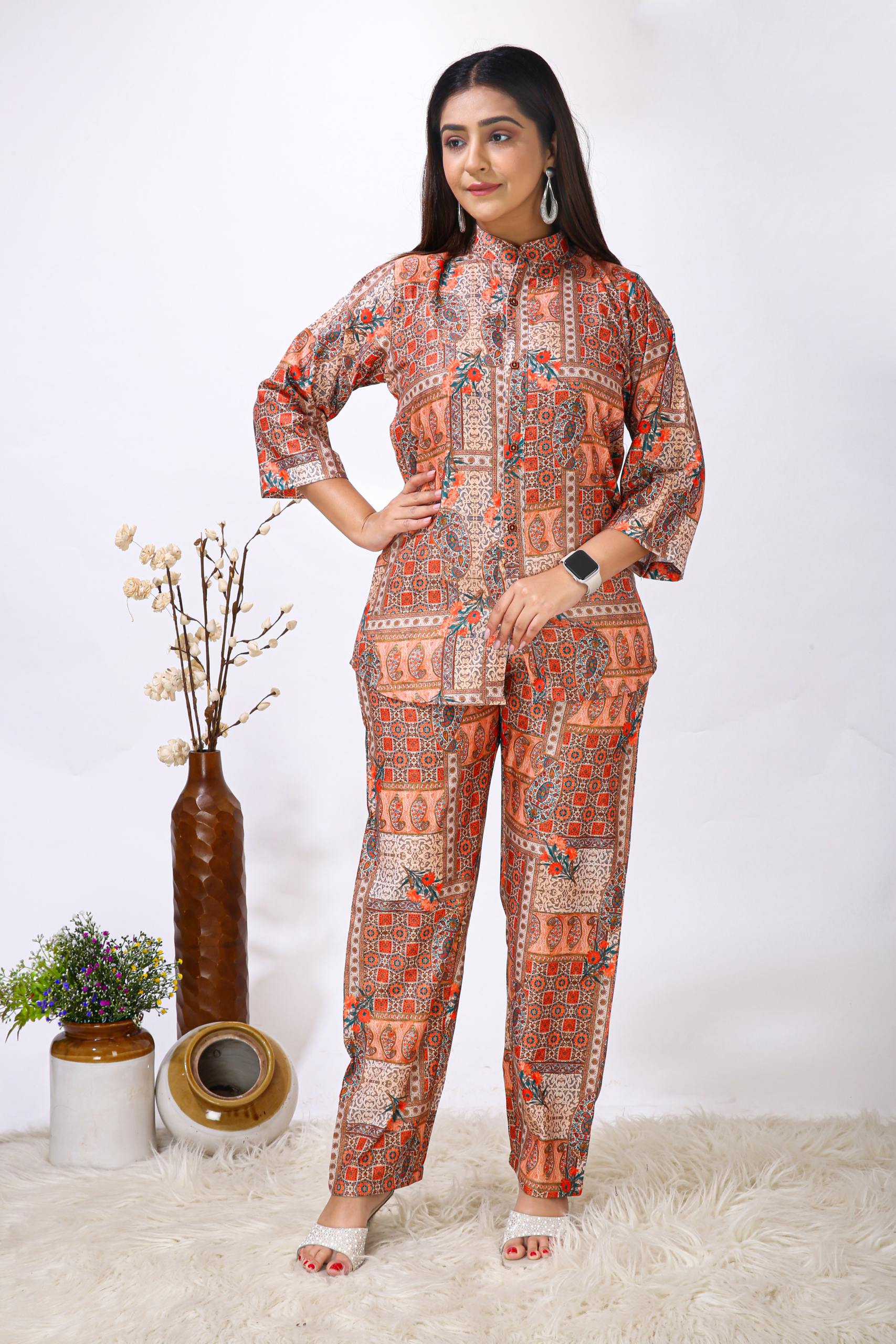 Rayon Western Orange Block Printed Women Cord Set