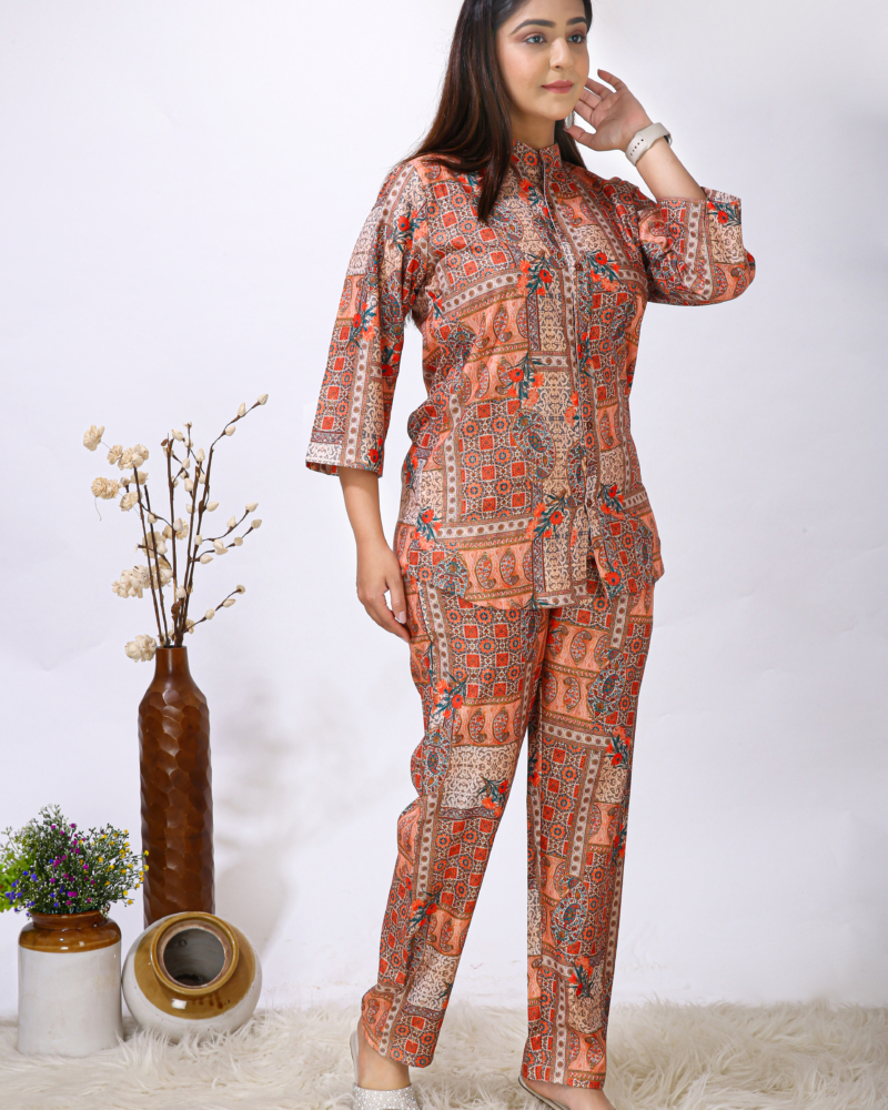 Rayon Western Orange Block Printed Women Cord Set - Image 5