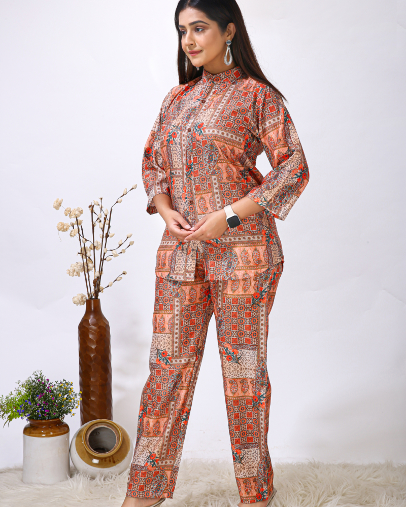 Rayon Western Orange Block Printed Women Cord Set - Image 6