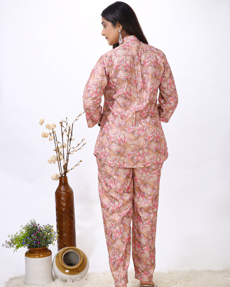 Floral Brown-Pink Rayon Printed Women's Co-ord Set - Image 4