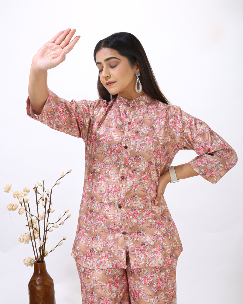 Floral Brown-Pink Rayon Printed Women's Co-ord Set - Image 5