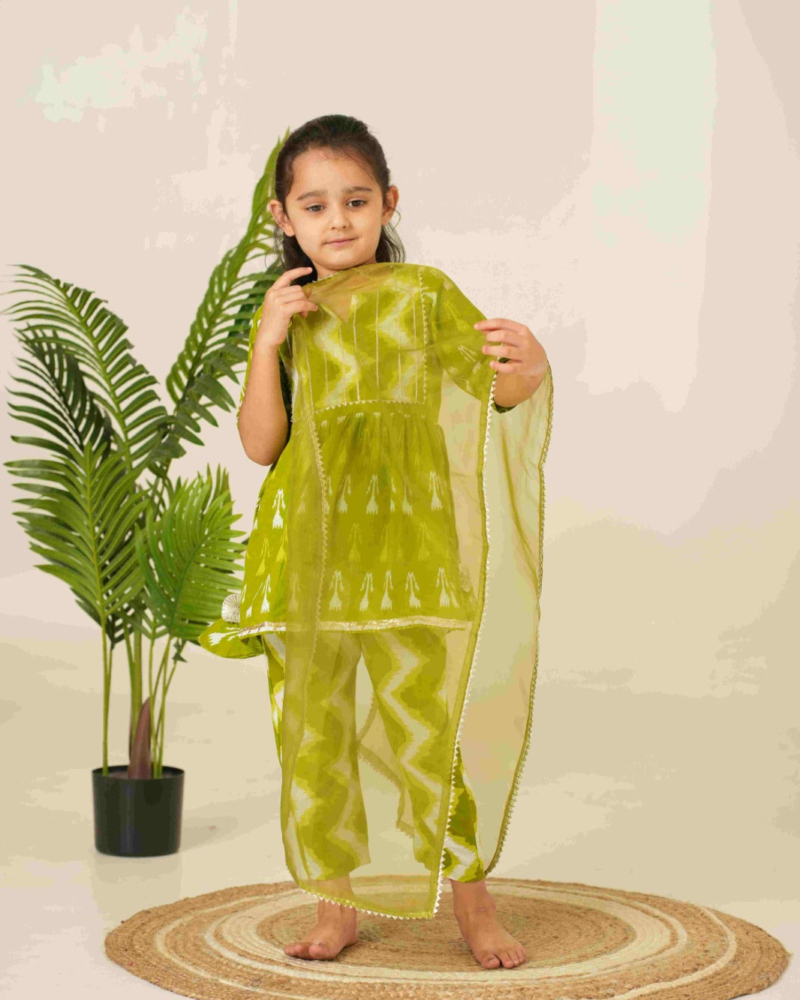 Ethnic Set for Kids | Green Ethnic Set for Girls Kids | Pure Cotton Kids Set - Image 3