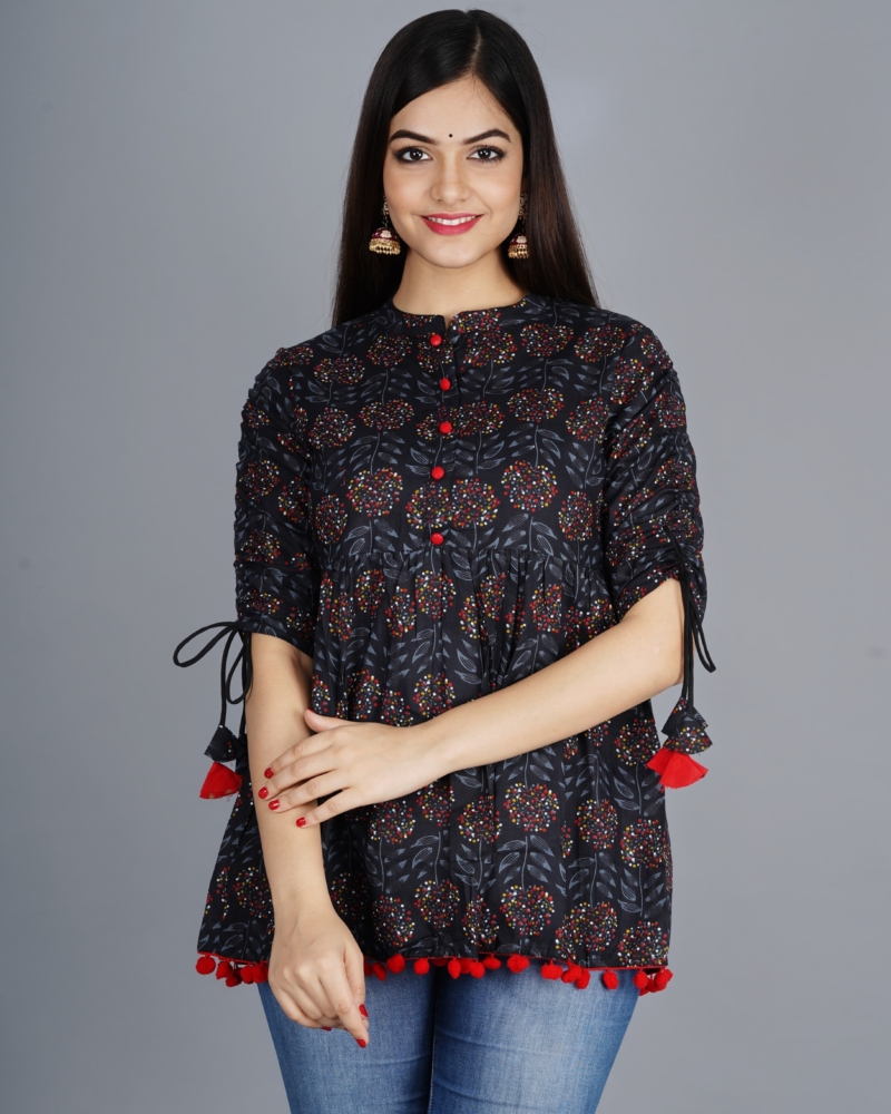 Women's Cotton Printed Casual Regular Wear Tops with Tasseles #T2 - Image 15