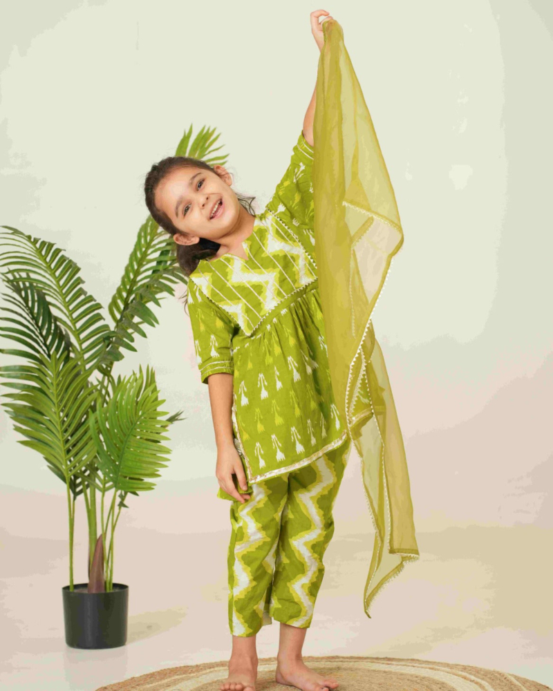 Ethnic Set for Kids | Green Ethnic Set for Girls Kids | Pure Cotton Kids Set - Image 16