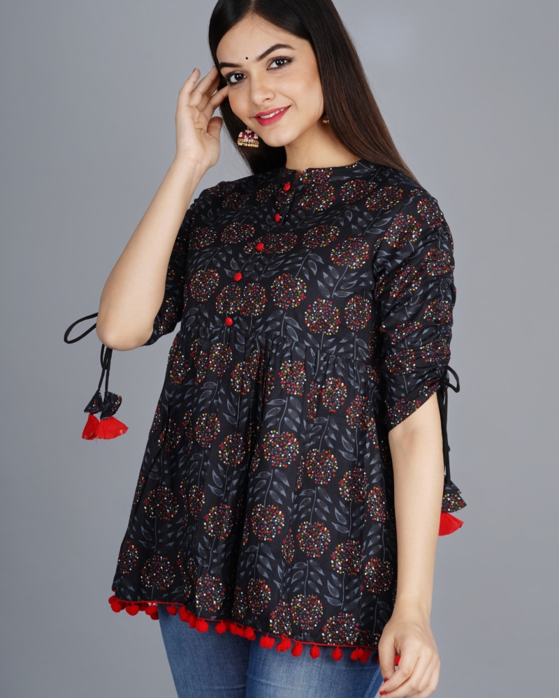 Women's Cotton Printed  Casual Regular Wear Tops with Tasseles -#T0 - Image 5