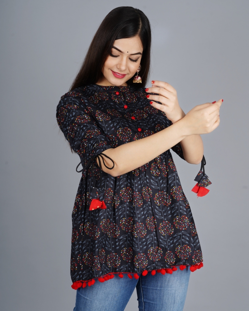 Women's Cotton Printed Casual Regular Wear Tops with Tasseles #T2 - Image 17