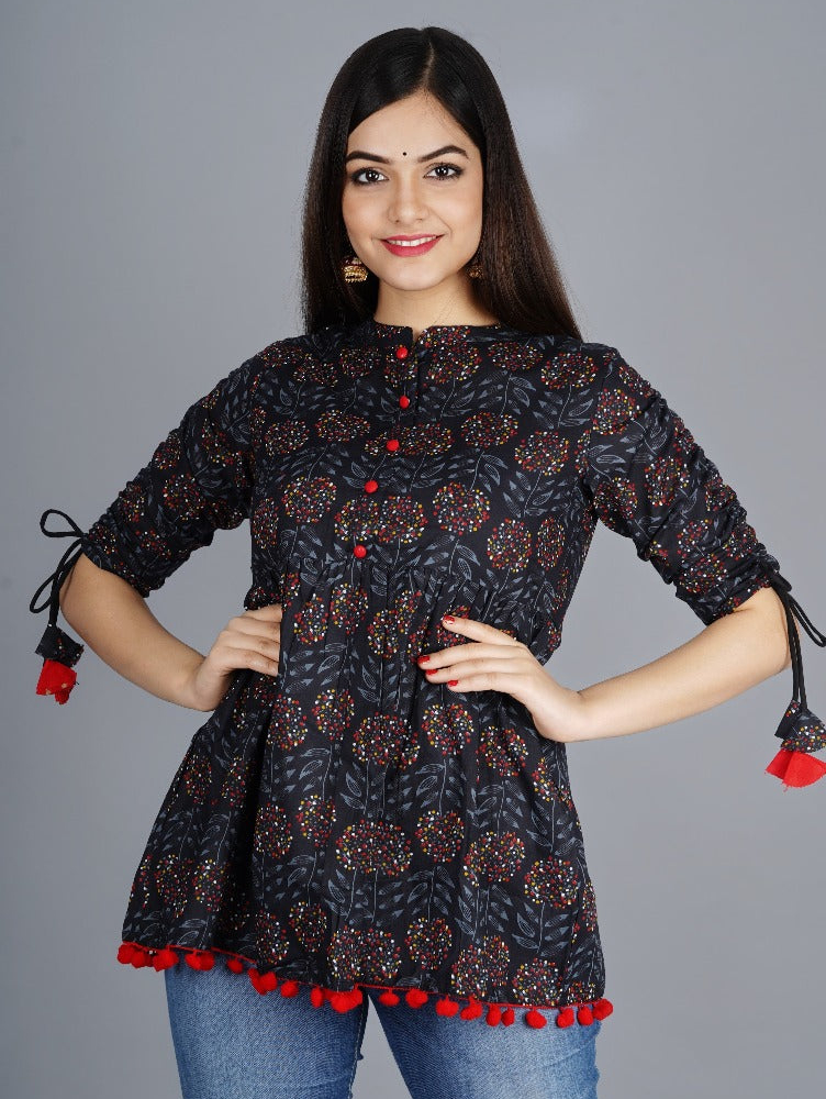 Women's Cotton Printed  Casual Regular Wear Tops with Tasseles -#T0