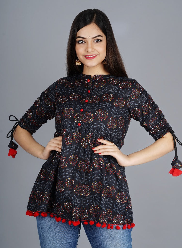 Women’s Cotton Printed  Casual Regular Wear Tops with Tasseles -#T0