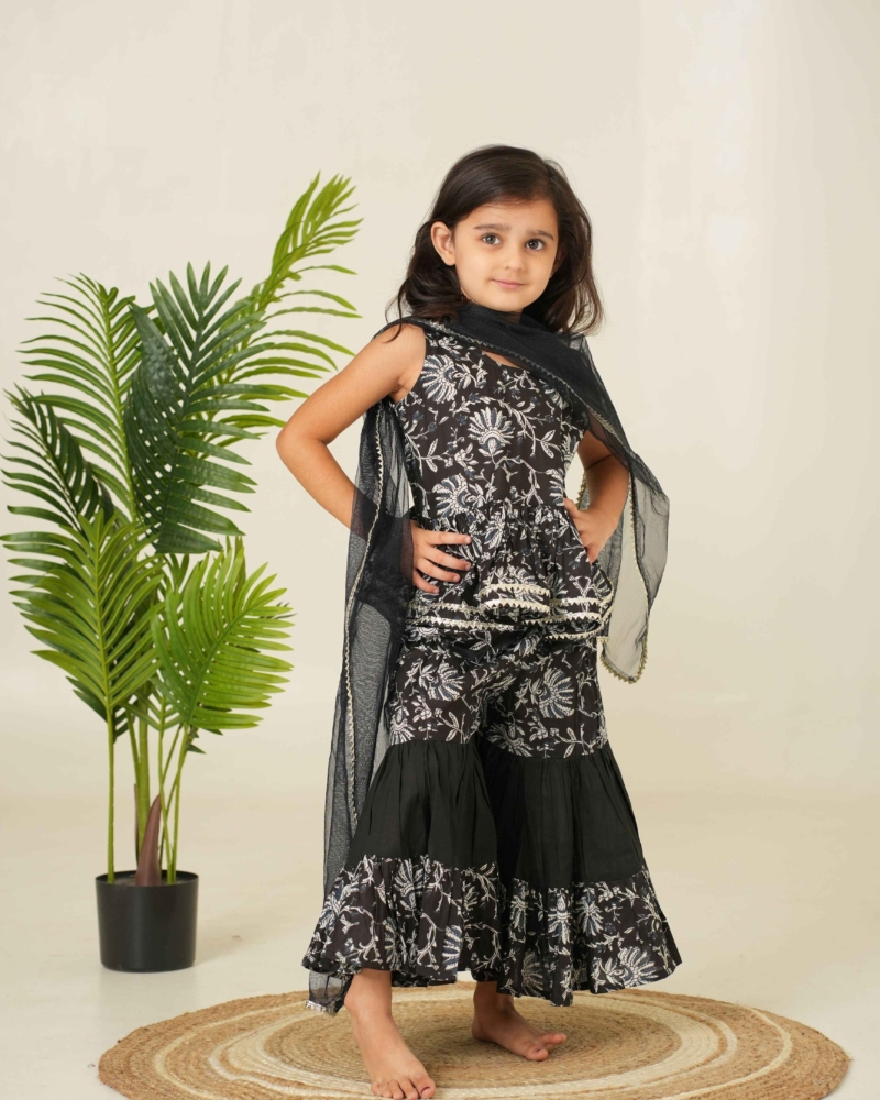 Floral Print Ethnic Set for Kids | Pure Black Ethnic Set for Kids | Girls Ethnic Set - Image 9