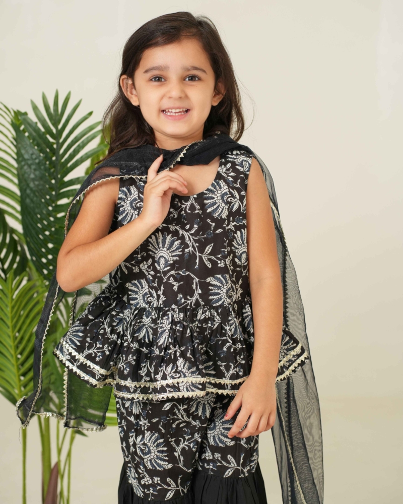 Floral Print Ethnic Set for Kids | Pure Black Ethnic Set for Kids | Girls Ethnic Set - Image 7