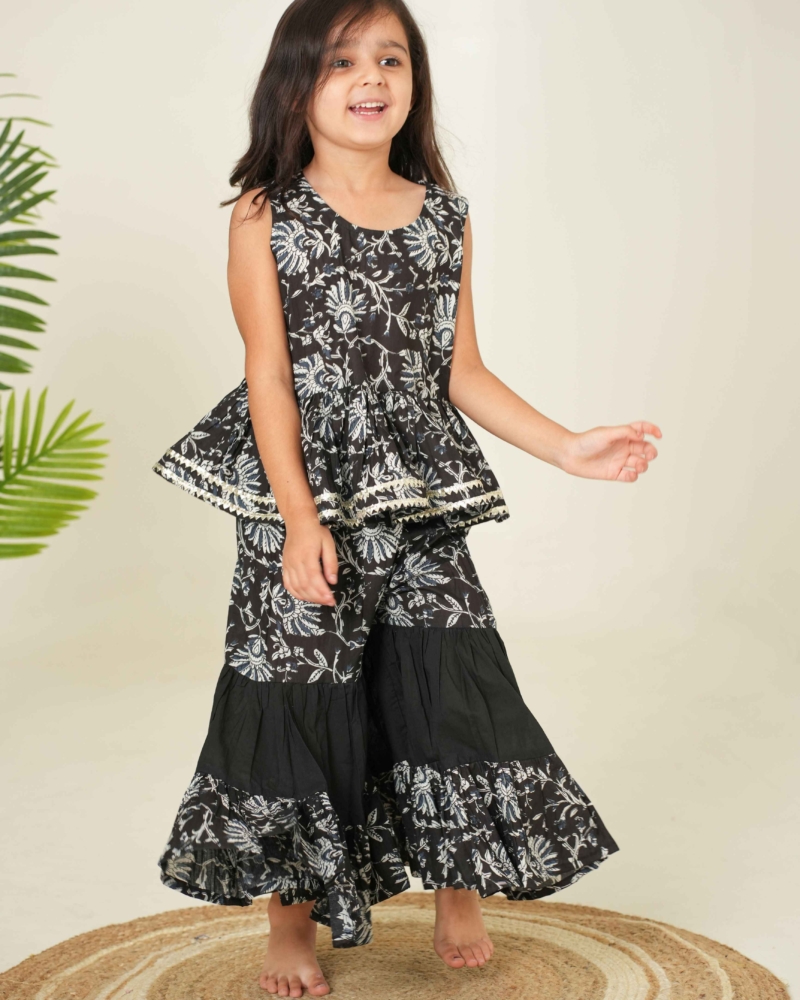 Floral Print Ethnic Set for Kids | Pure Black Ethnic Set for Kids | Girls Ethnic Set - Image 6