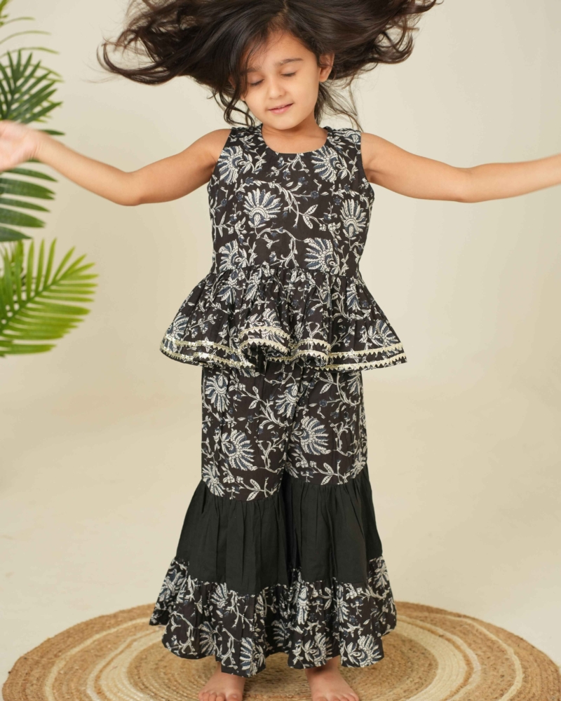 Floral Print Ethnic Set for Kids | Pure Black Ethnic Set for Kids | Girls Ethnic Set - Image 5