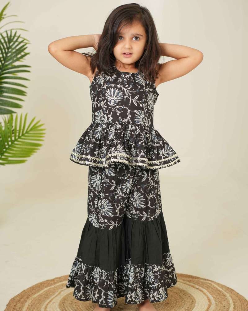 Floral Print Ethnic Set for Kids | Pure Black Ethnic Set for Kids | Girls Ethnic Set - Image 4