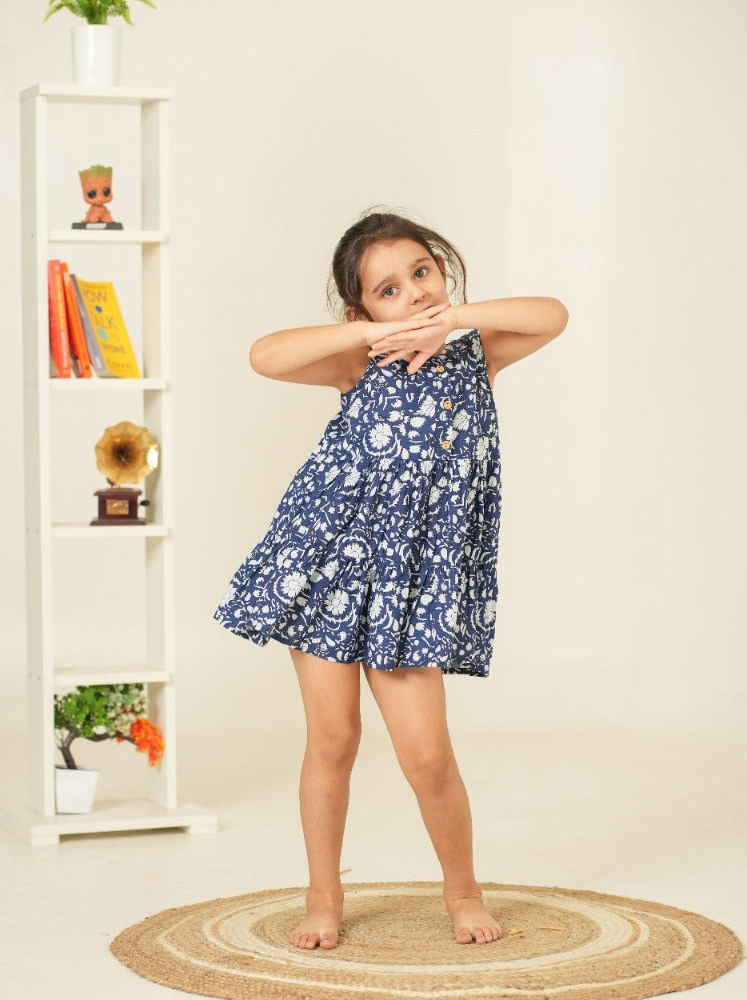 Floral Print Kids Dress Pure Cotton | Blue Dress for Kids | Beautiful Kids Dress