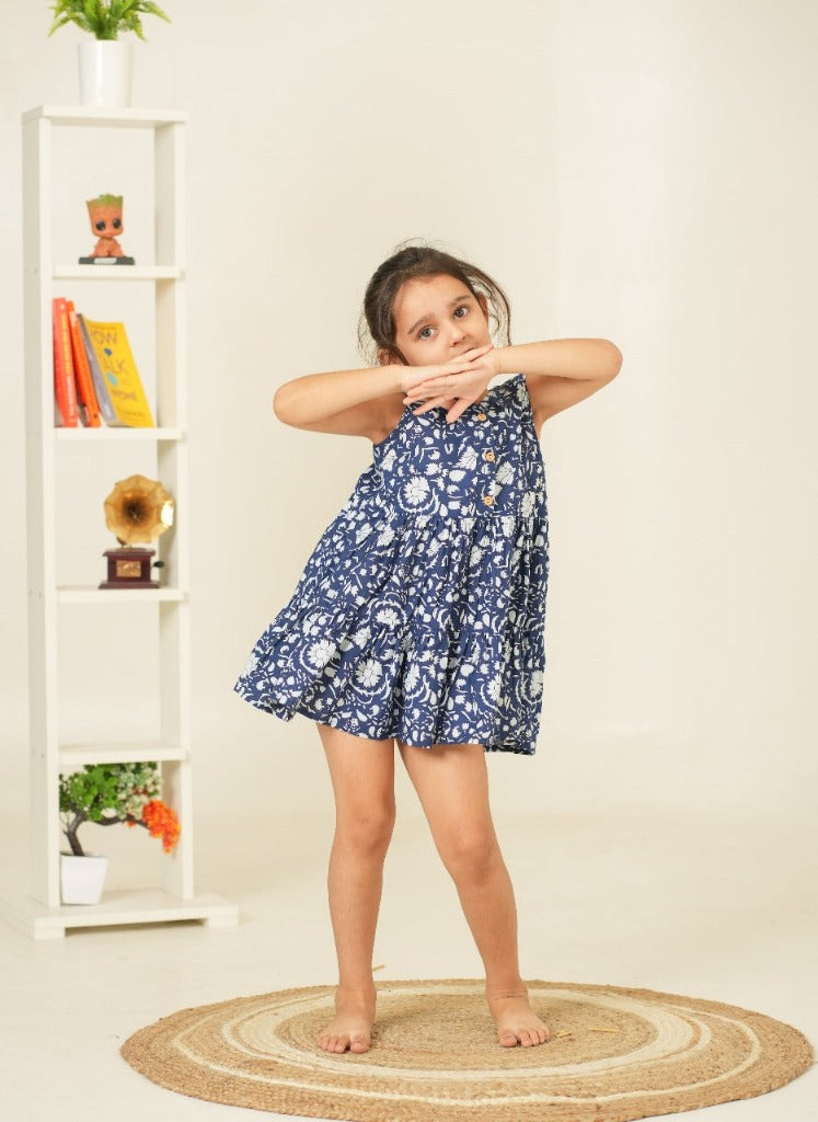 Floral Print Kids Dress Pure Cotton | Blue Dress for Kids | Beautiful Kids Dress