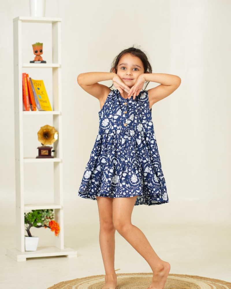 Floral Print Kids Dress Pure Cotton | Blue Dress for Kids | Beautiful Kids Dress - Image 2