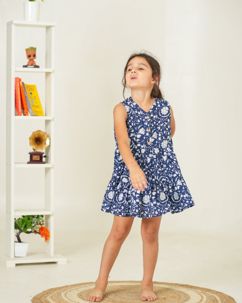 Floral Print Kids Dress Pure Cotton | Blue Dress for Kids | Beautiful Kids Dress - Image 3