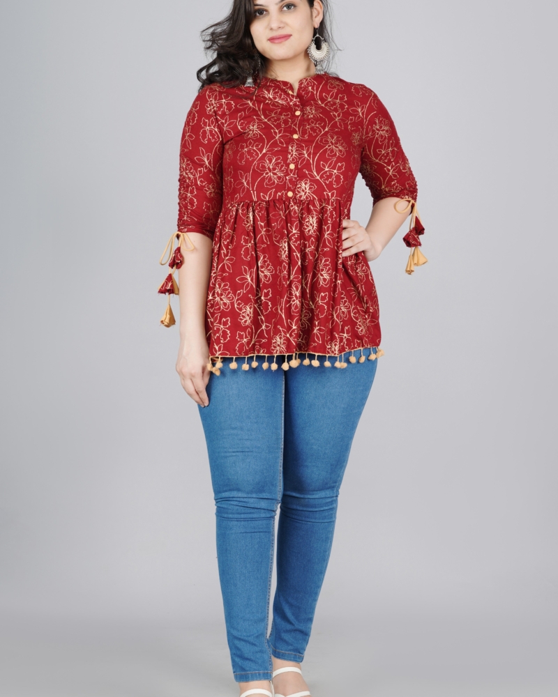 Rayon Maroon Printed Mandarin Collar Tunics Top Regular Wear For Womens - Image 5